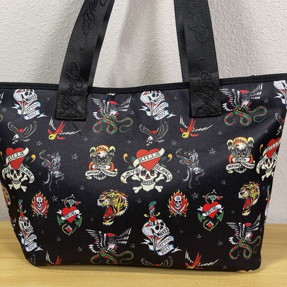Ed Hardy Large Tote Zip Black Eve Print Chains Charms Logo Skull Heart Y2K NEW - Picture 5 of 9